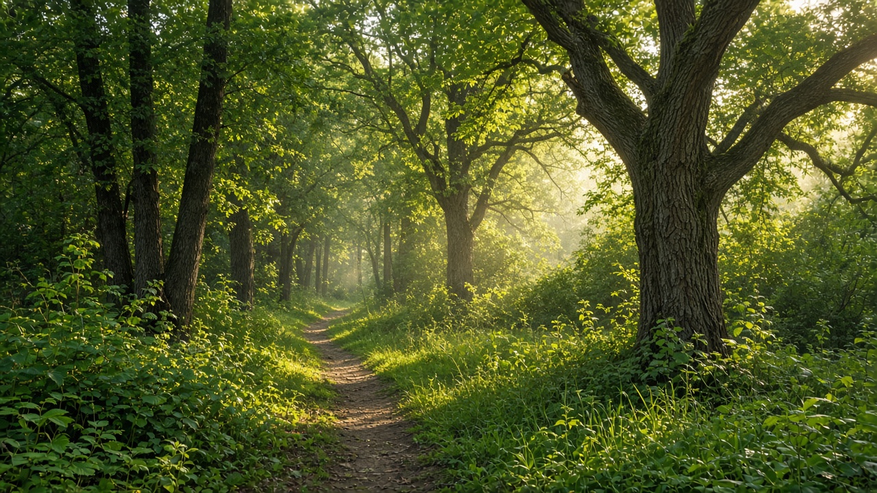 Poteca de pământ printre stejari, dimineața